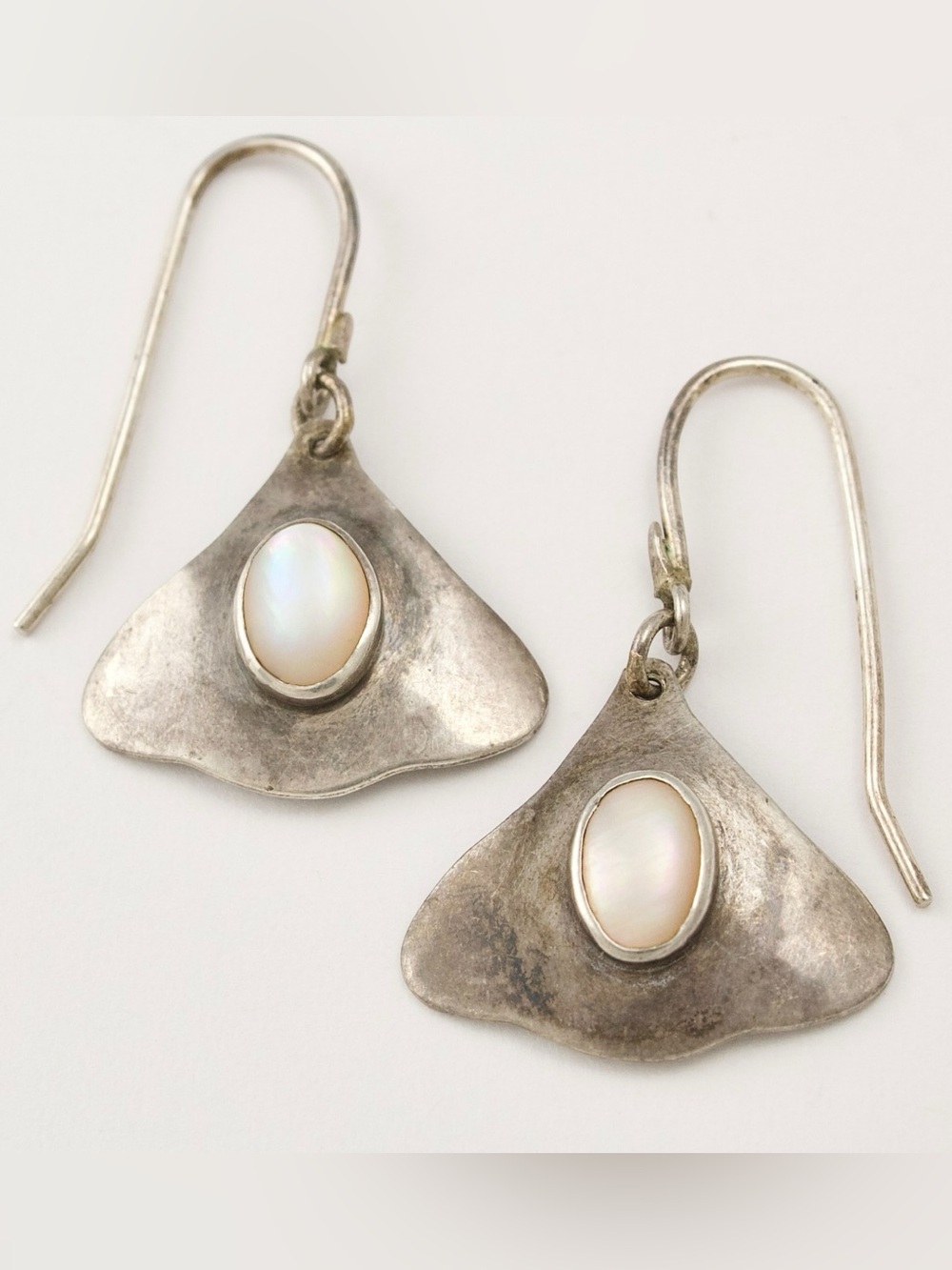 Vintage Modernist Sterling Silver Stingray Earrings with Mother of Pearl Stones